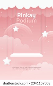 3d Vector baby product display, podium banner. Cute swing, rainbow, star in pink sky background for baby store, online shop, girl clothes toy, kid fashion discount promotion sale, social media post.