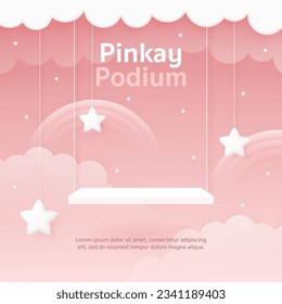 3d Vector baby product display, podium banner. Cute swing, rainbow, star in pink sky background for baby store, online shop, girl clothes toy, kid fashion discount promotion sale, social media post.