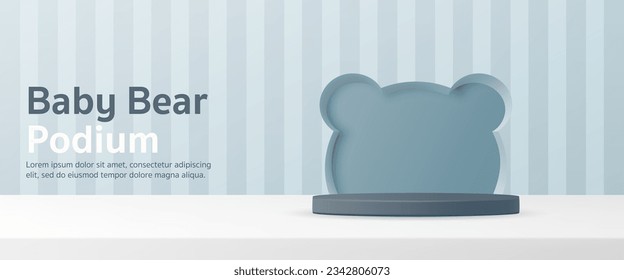 3D Vector Baby product display cylinder stand podium banner. Blue bear shape background for infant store, online shop, kid clothes toy, fashion discount promotion sale, social media post, website.