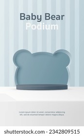 3D Vector Baby product display cylinder stand podium banner. Blue bear shape background for infant store, online shop, kid clothes toy, fashion discount promotion sale, social media post, website.