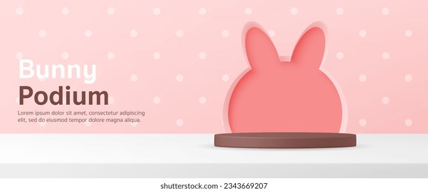 3D Vector Baby product display cylinder stand podium banner. Pink rabbit shape background for infant store, online shop, kid clothes toy, fashion discount promotion sale, social media post, web.