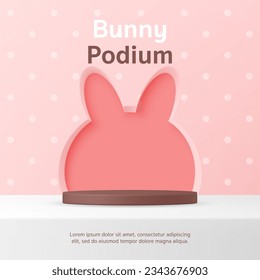 3D Vector Baby product display cylinder stand podium banner. Pink rabbit shape background for infant store, online shop, kid clothes toy, fashion discount promotion sale, social media post, web.