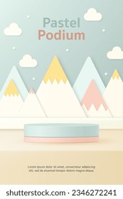 3D Vector baby product display cylinder podium banner. Cute pastel mountain, cloud  background, kid store, Scandinavian, kindergarten, online shop, Clothes toy shop, promotion sale, social media