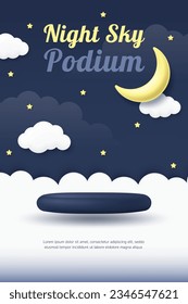 3D Vector baby product display podium. Moon and stars on the night sky background. Midnight and sweet dream banner, kindergarten store, kid online shop, discount promotion sale, social media web post