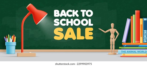 3D Vector back to school sale banner with stationery on chalkboard background, wooden toy, book, student desk classroom for education, backdrop, discount promotion, poster, ads online, social media