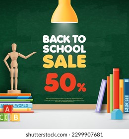 3D-Vektorgrafik zurück zum Schulverkauf Banner mit Schulmaterial auf Tafel, Holzspielzeug, Buch für Shopping-Rabatt-Promotion online, Einladung, Poster, Banner, Promotion, Verkaufsvorlage und Werbung.