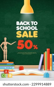 3D Vector back to school sale banner with stationery on chalkboard background, wooden toy, book, student desk classroom for education, backdrop, discount promotion, poster, ads online, social media