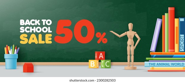 3D Vector back to school sale banner with stationery on chalkboard background, wooden toy, book, student desk classroom for education, backdrop, discount promotion, poster, ads online, social media