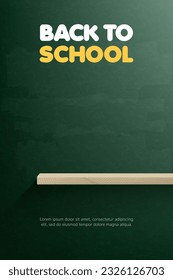 3D Vector back to school sale display stand backdrop banner on chalkboard classroom background for student discount promotion,  stationery ads online, social media, post, advertisement, wallpaper