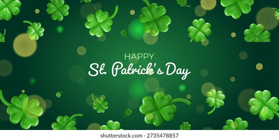 Fondo de Vector 3D con tréboles brillantes y luces bokeh suaves en gradiente verde. Diseño festivo de borde de trébol para carteles, Anuncios o tarjetas de felicitación del Día de San Patricio.