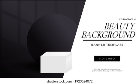3D vector background in elegant black and white colors. Abstract banner template with stage to show cosmetics,accessorizes products. Realistic minimal background with white podium. Vector illustration