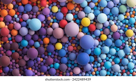 3d vector background with huge pile of colored big and small random spheres. Colorful matte soft balls in bright summer tones and different sizes. Top view of lots different colored orbs or bubbles