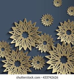3d vector background with stylized flowers made of metal or wood. Architectural motifs with the effect of old gold or brass.