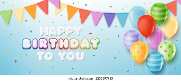 Vector 3D con globos y cintas para la fiesta de cumpleaños, ducha de bebé, tarjetas de felicitación de cumpleaños para niños e invitación, banner de feliz cumpleaños, decoración, medios sociales, fondo de pantalla, sitio web