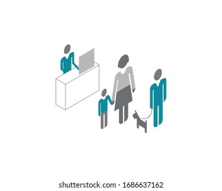 3D Vector Of Bank Counter With People Around, Office