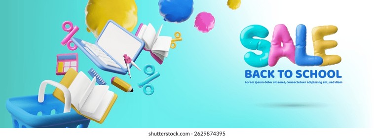 3D vector banner for back to school sale, with shopping cart, laptop and stationery. Bright advertisement with inflatable colorful letters and balloons. Education and seasonal discounts concept.
