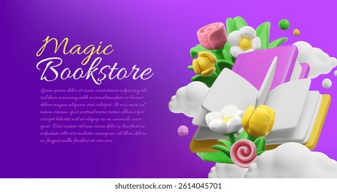 3D vector banner with books, plasticine flowers and clouds on purple background. Magical bookstore. Source of knowledge. Education and learning concept. Cartoon reading. Illustration. Rendering.