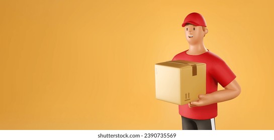 3D Сourier Vector Banner. Cartoon Male Character of parcel delivery man in red uniform holding a box on orange background