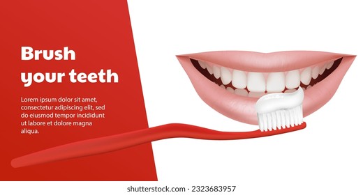 3D vector banner featuring a red toothbrush brushing realistic teeth with a beautiful smile. For dental equipment or whitening treatment. Toothpaste promotion, protection and enamel whitening