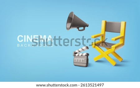 3D vector banner with folding yellow chair, clapperboard and director's loudspeaker, on a blue background. Film production elements. Advertising poster with space for text. Cartoon style.