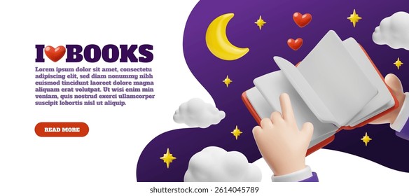 3D vector banner with hands flipping through a book with blank pages against the night sky, clouds, moon and stars. World Book Day or Literacy Day. Cartoon style. Space for text. Illustration.