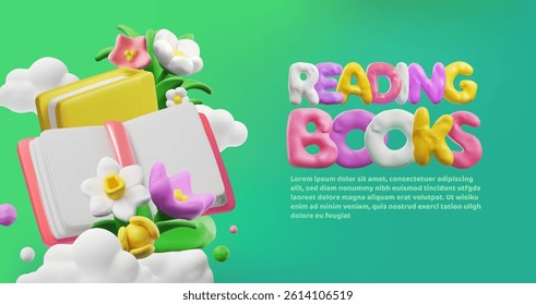 3D vector banner with open and closed book in plasticine flowers and clouds on green background with space for text. Literacy Day, World Book Day. Bright children's design. Illustration.