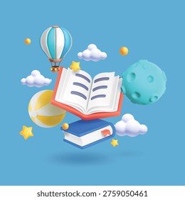3D vector banner with open and closed book in plasticine clouds stars planet air balloon. Literacy Day, World Book Day. Bright children's design. Illustration.