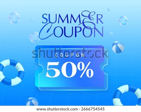 3d Vector banner of a summer coupon promotion with 50% discount, featuring a blue ocean theme, lifebuoys, beach balls, and water bubbles for summer sale, seasonal sales and marketing.