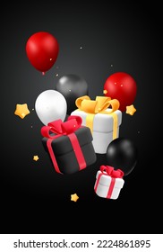 3d vector banner template design with black and white closed gift box with red and gold ribbon bow holiday balloon and stars. Plastic cartoon render modern holiday, celebration, anniversary, greeting