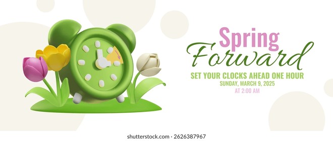 3D vector banner with tulips and a green alarm clock, daylight saving time transition. The arrow moves forward. Advertising poster with space for text. Cartoon style. Rendering.