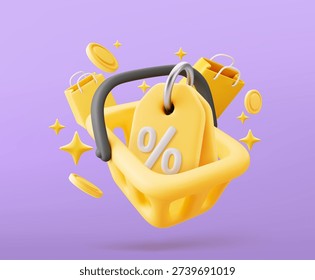 3D Vector basket and discount coupons with yellow shopping bag 