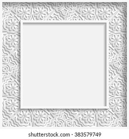 3D Vector bas-relief frame, floral pattern,  festive pattern, white pattern, template greetings