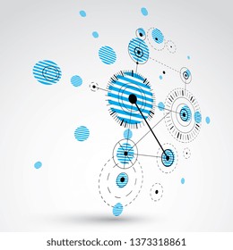 3d vector Bauhaus abstract background made with grid and overlapping simple geometric elements, circles and lines. Retro style artwork in blue color, graphic template for advertising poster.