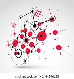 3d vector Bauhaus abstract background made with grid and overlapping simple geometric elements, circles and lines. Retro style artwork in red color, graphic template for advertising poster.