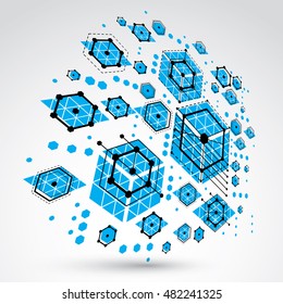 3d vector Bauhaus abstract background made with grid and overlapping geometric elements, circles and honeycombs. Retro artwork, technology style blue graphic template for advertising poster.