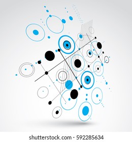 3d vector Bauhaus abstract background made with grid and overlapping simple geometric elements, circles and lines. Retro style artwork in blue color, graphic template for advertising poster.