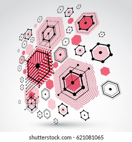 3d vector Bauhaus abstract background made with grid and overlapping geometric elements, circles and honeycombs. Retro artwork, technology style red graphic template for advertising poster.