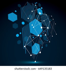 3d vector Bauhaus abstract background made with grid and overlapping geometric elements, circles and honeycombs. Retro artwork, technology style blue graphic template for advertising poster.
