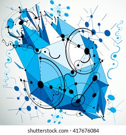 3d vector Bauhaus abstract blue background made with grid and geometric elements, circles and connected lines. Layout for business presentations and posters made with low poly wrecked objects.