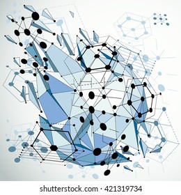 3d vector Bauhaus abstract blue background made with grid and geometric elements, hexagons and connected lines. Layout for business presentations and posters made with low poly wrecked objects.