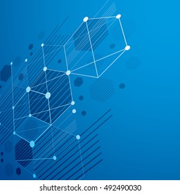 3d vector Bauhaus abstract blue background made with grid and overlapping simple geometric elements, hexagons and lines. Retro style artwork, graphic template for advertising poster.