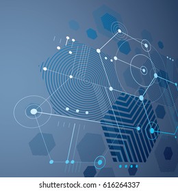 3d vector Bauhaus abstract blue background made with grid and overlapping simple geometric elements, hexagons and lines. Retro style artwork, graphic template for advertising poster.
