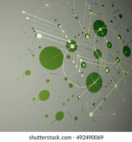 3d vector Bauhaus abstract green background made with grid and overlapping simple geometric elements, circles and lines. Retro style artwork, graphic template for advertising poster.