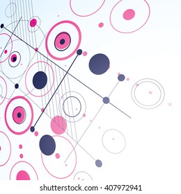3d vector Bauhaus abstract magenta background made with grid and overlapping simple geometric elements, circles and lines. Retro style artwork, graphic template for advertising poster.