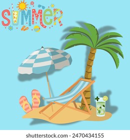 3d Vector Beach Chair, BLUE Umbrella and Ball, Summer holiday, Time to travel concept. Eps 10 Vector.