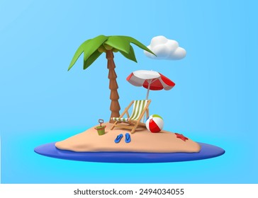 3d Vector Beach Chair, Red Umbrella, palm, flip flop ,starfish and Ball, Summer holiday, Time to travel concept. Eps 10 Vector.