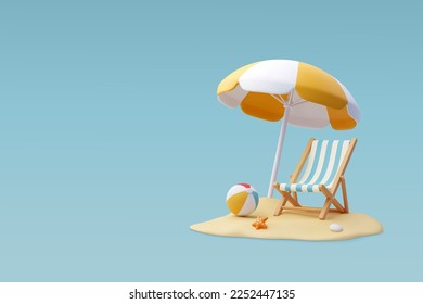 3d Silla Vector Beach, Paraguas y pelota Amarillo, vacaciones de verano, concepto de tiempo para viajar. Vector Eps 10.