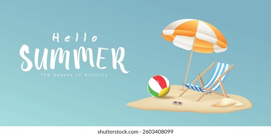 3d Vector Beach Chair, Yellow Umbrella and Ball, Summer holiday, Time to travel concept. Vector illustration.