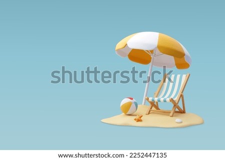 3d Vector Beach Chair, Yellow Umbrella and Ball, Summer holiday, Time to travel concept. Eps 10 Vector. Foto d'archivio © 