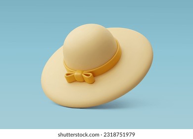 3d Vector Beige Woman Hat with Yellow Ribbon, Holiday Vacation, Time to Travel concept. Eps 10 Vector.